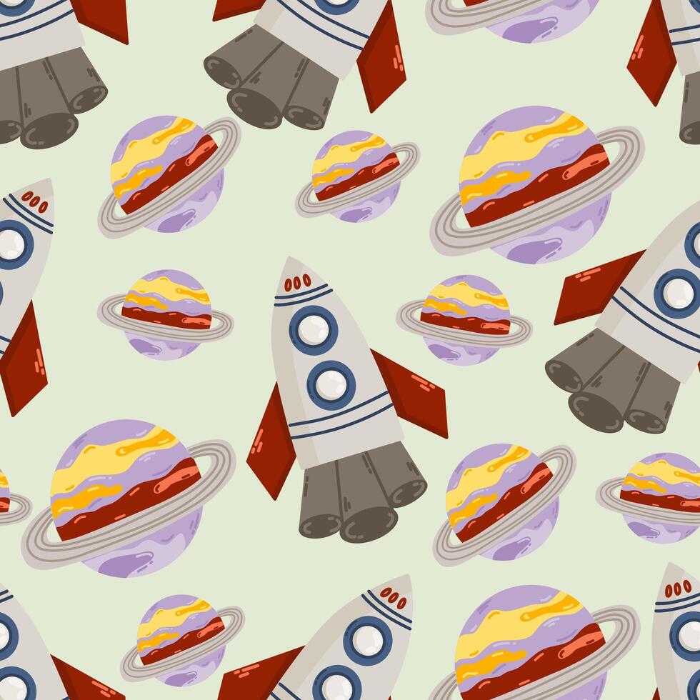 Space seamless pattern with cute rocket and saturn design for kids. Space background for greetings, invitations, wrapping paper production, textiles and web design. vector