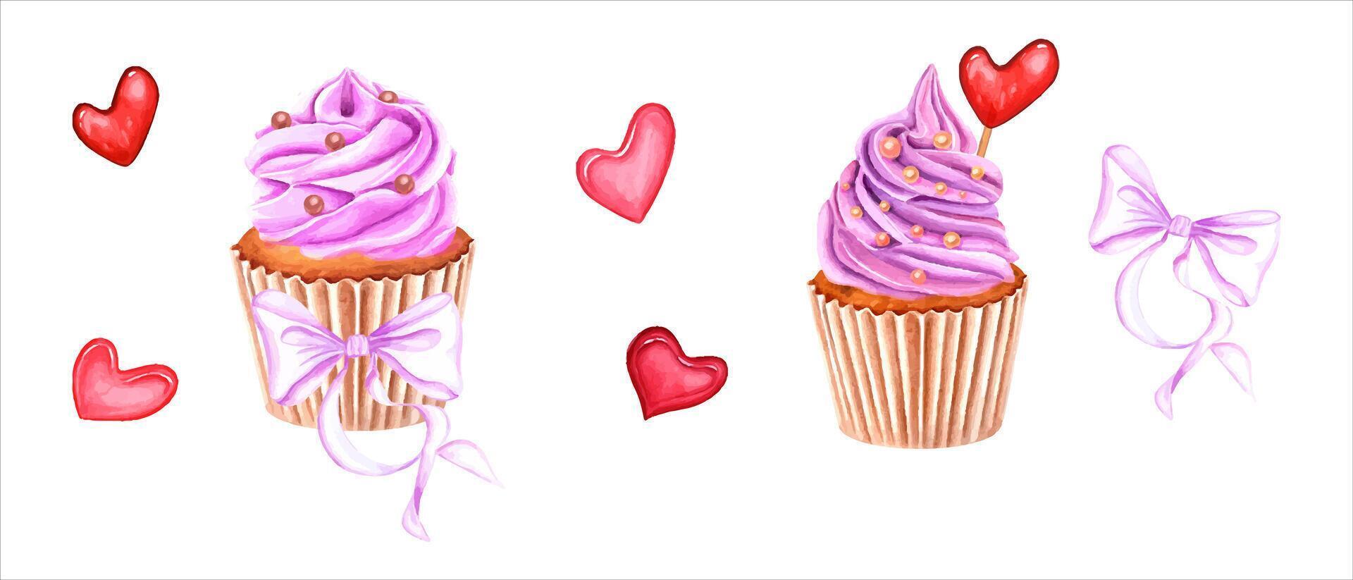 Muffins decorated with pink whipped cream, sweet sprinkles and pink bow. Dragee, candy, cake. Heart-shaped caramel on stick. Cupcake in paper wrapper. Watercolor illustration. For package, menu vector