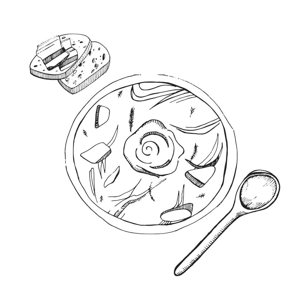 Illustration. illustration of a plate with borscht, lard and bread, a tablespoon. All objects are drawn in in black. Suitable for printing on paper, menus, recipes vector