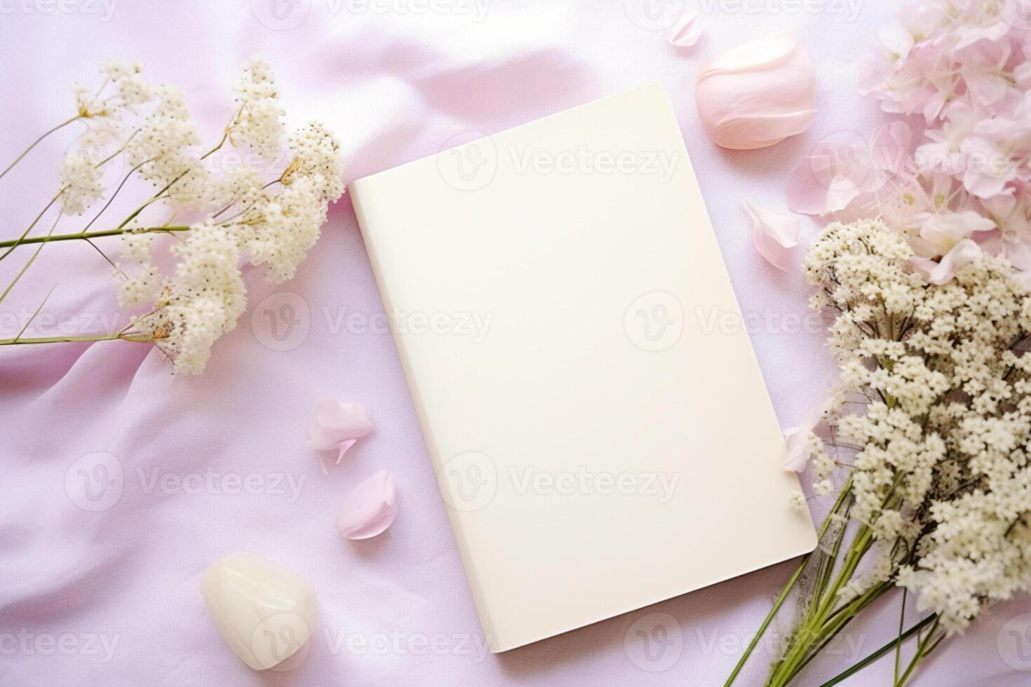 Blank paper and flowers on country background for printable art, paper, stationery and greeting card mockup photo