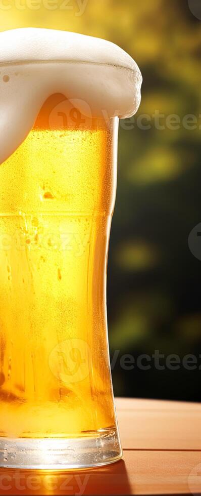 Glass of cold beer with foam, pint of original premium beer drink, alcohol flavour and holiday celebration photo