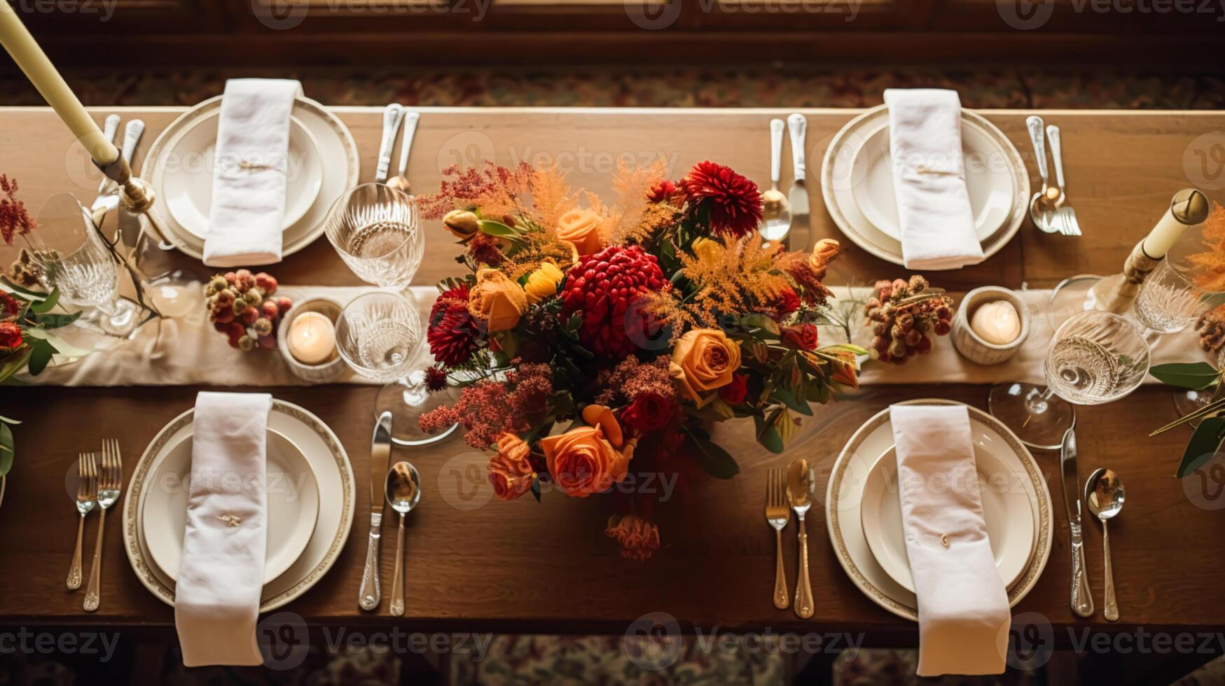 Autumn holiday tablescape, formal dinner table setting, table scape with elegant autumnal floral decor for wedding party and event decoration photo