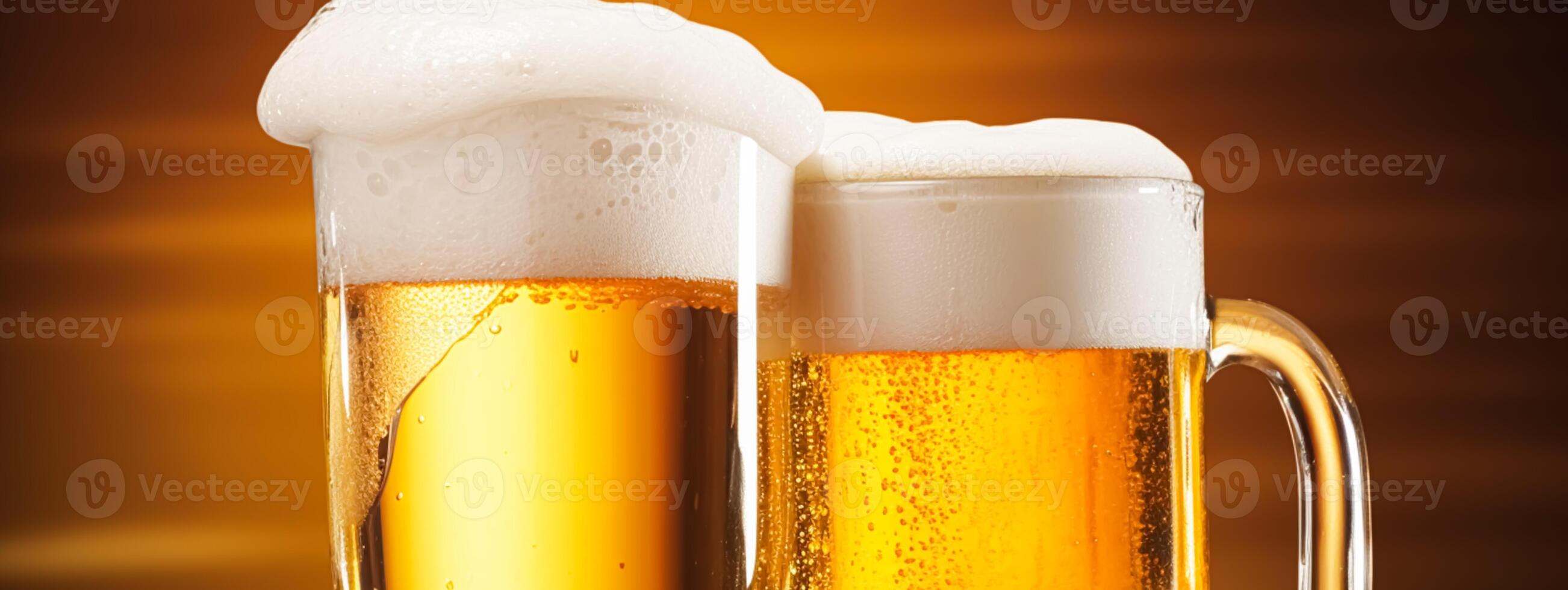 Glasses of cold beer with foam, pint of original premium beer drink, alcohol flavour and holiday celebration photo