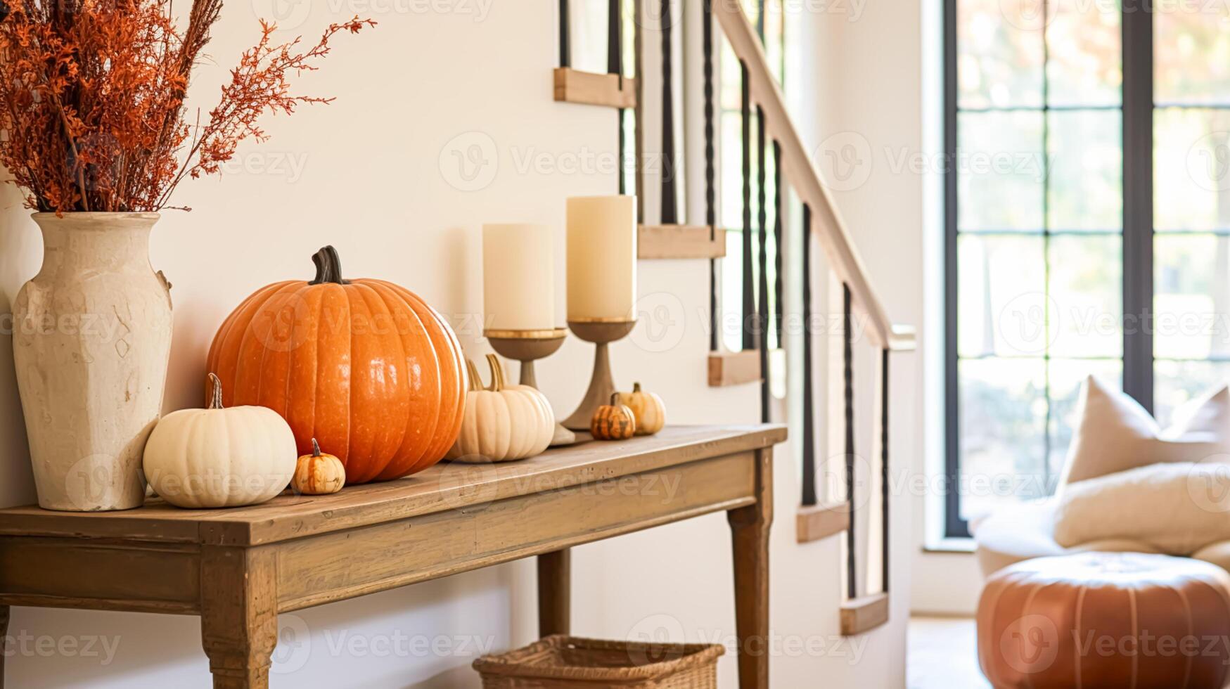 Autumnal hallway decor, interior design and house decoration, welcoming autumn entryway furniture, stairway and entrance hall home decor in an English country house and cottage style photo