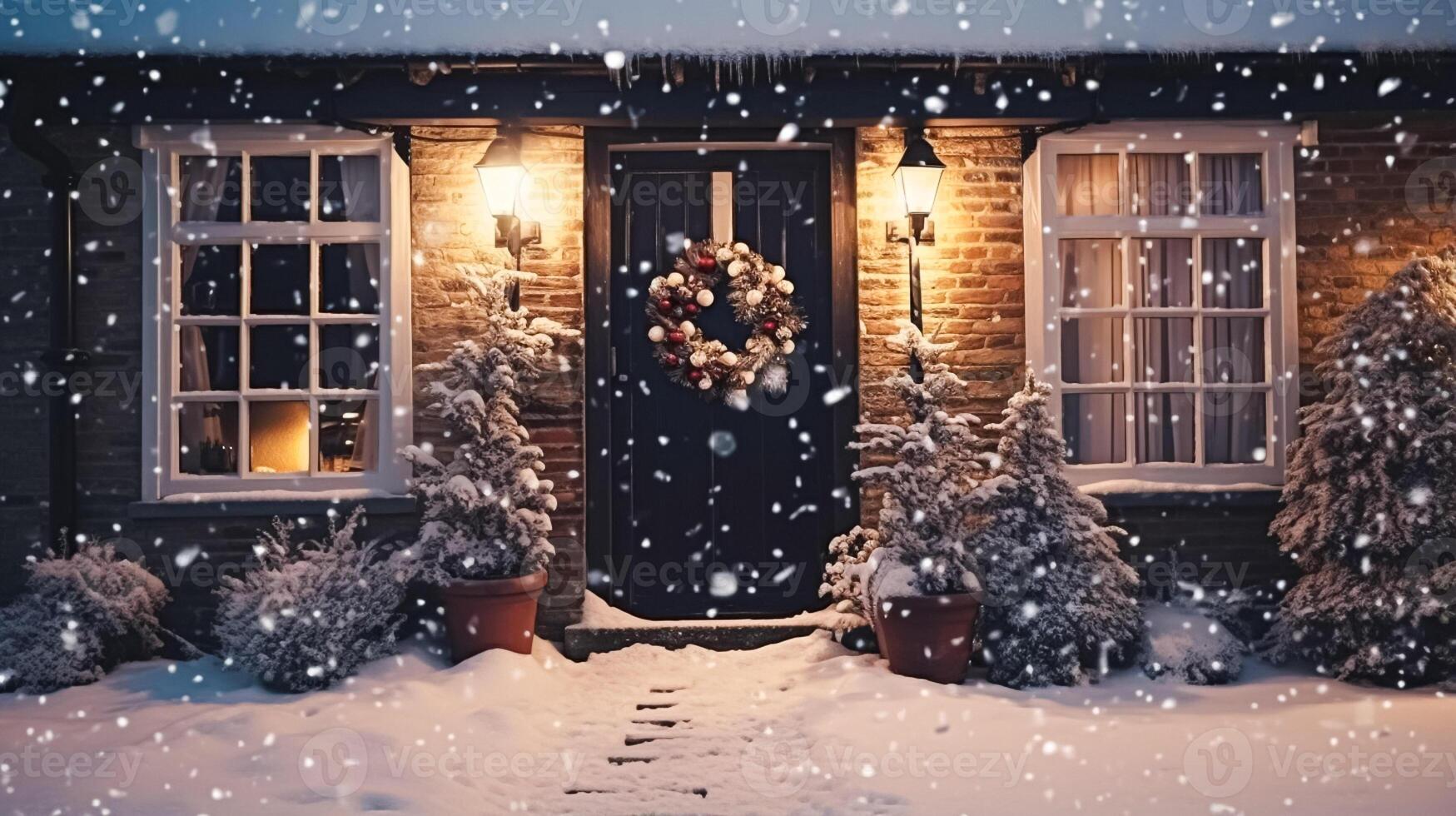 Navidad en el campo, cabaña y jardín decorado para Días festivos en un Nevado invierno noche con nieve y fiesta luces, Inglés país peinado foto