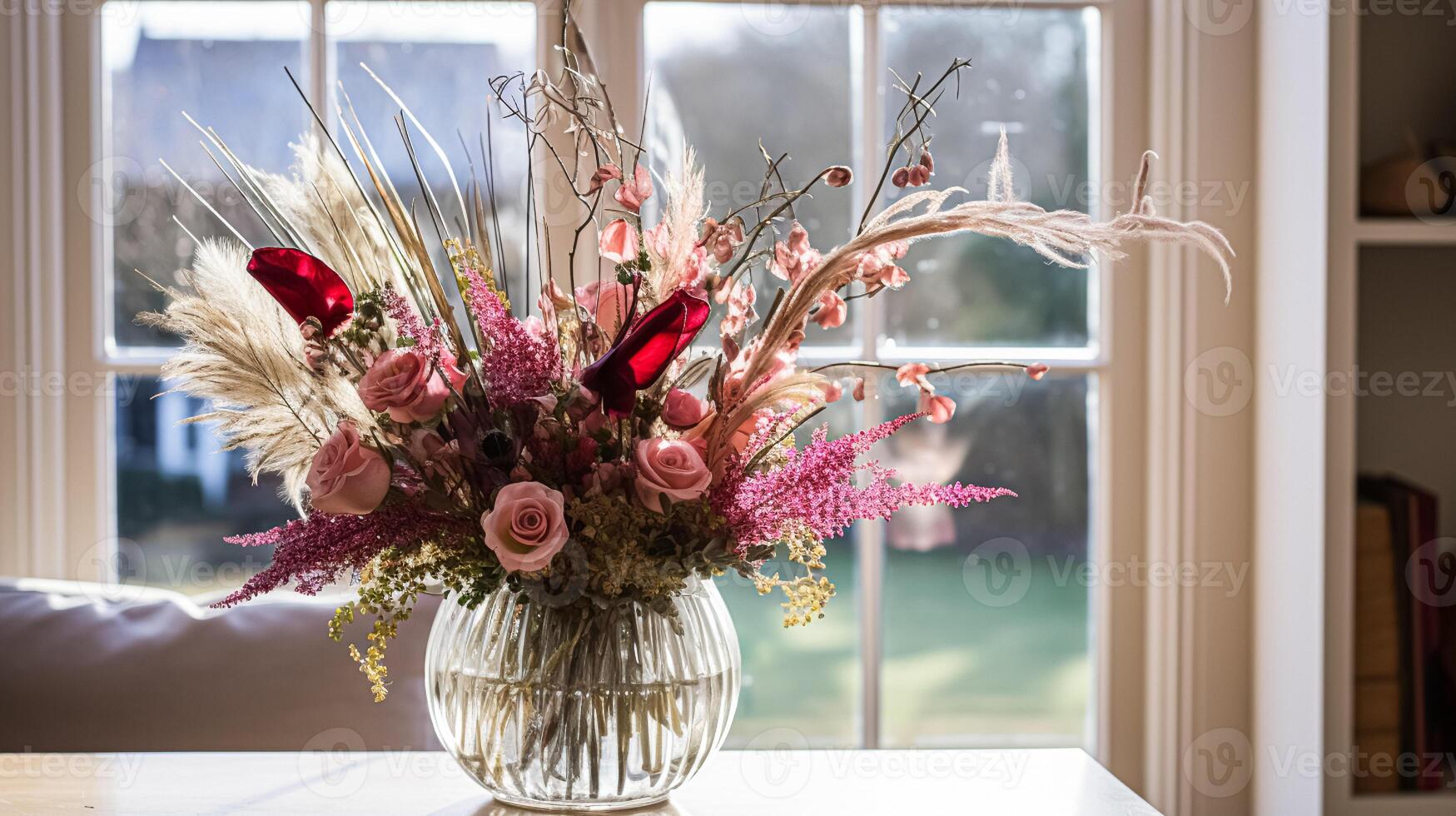 Floral arrangement with winter, autumn or early spring botanical plants and flowers photo