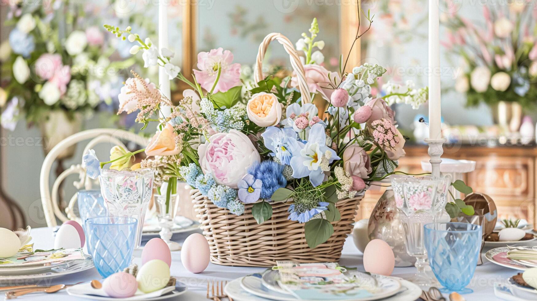 Easter tablescape decoration, floral holiday table decor for family celebration, spring flowers, Easter eggs, Easter bunny and vintage dinnerware, English country and home styling photo