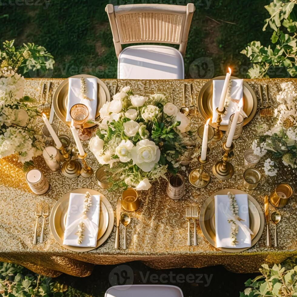 Holiday tablescape, golden formal dinner table setting, table scape with gold decoration for wedding party and event celebration, photo