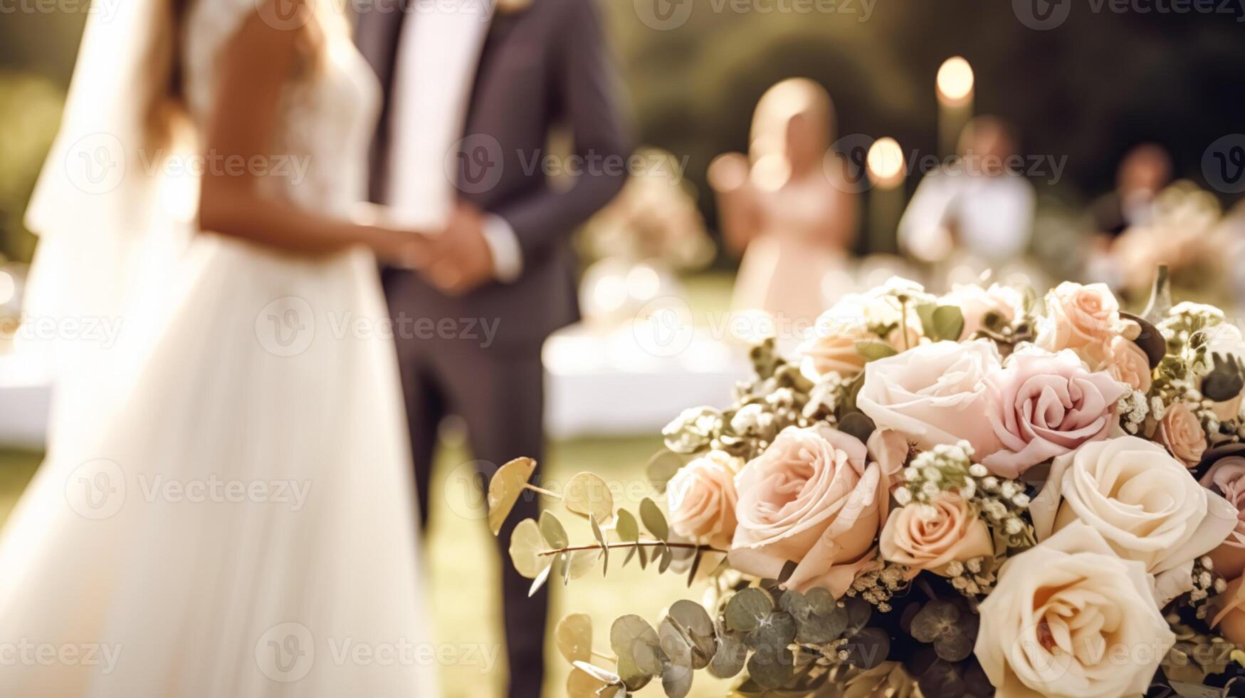Wedding ceremony and celebration, bride and groom at a beautiful outdoor venue on a sunny day, luxury wedding decor with flowers and bridal bouquet, photo