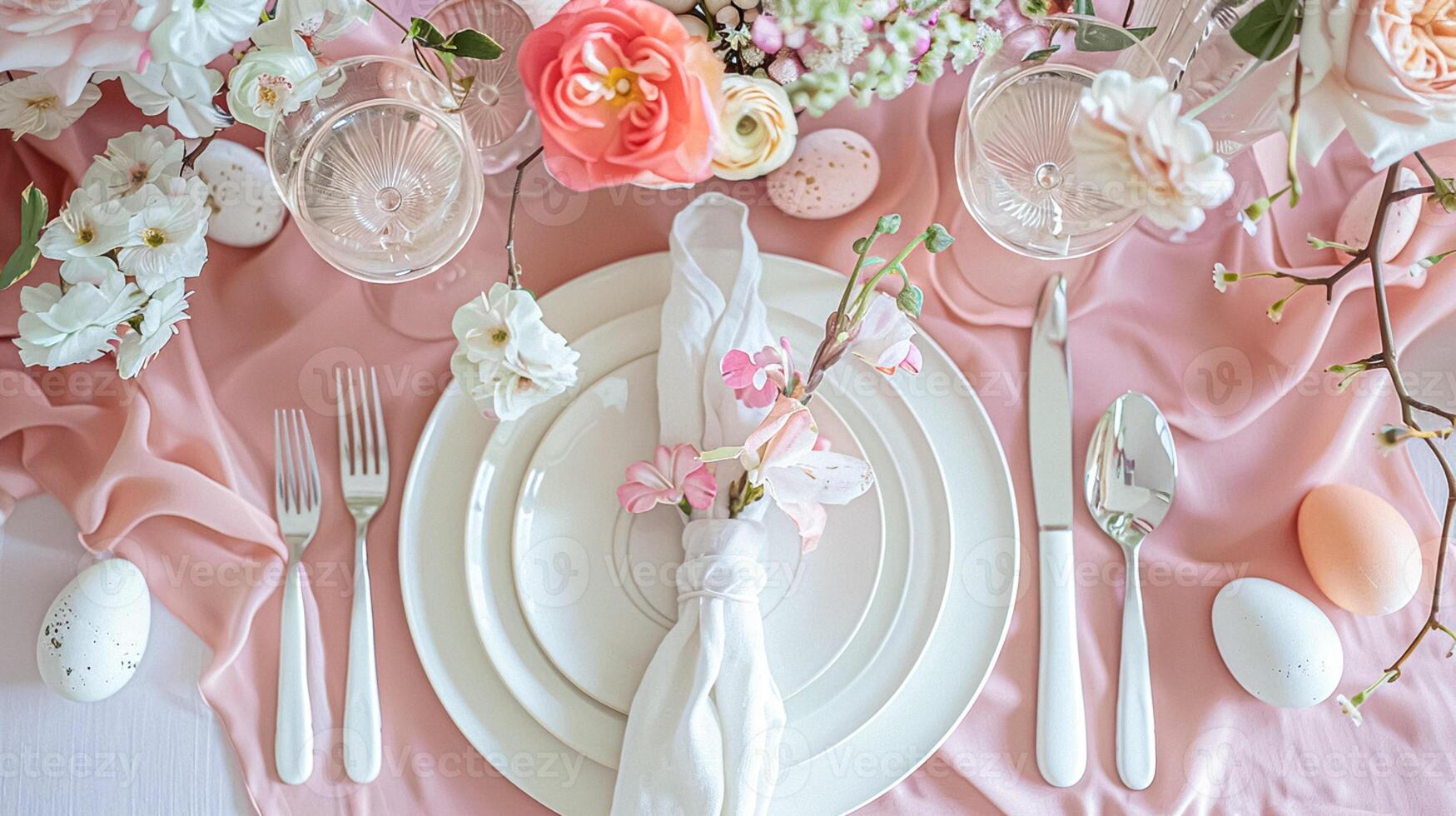 Easter tablescape decoration, floral holiday table decor for family celebration, spring flowers, Easter eggs, Easter bunny and vintage dinnerware, English country and home styling photo