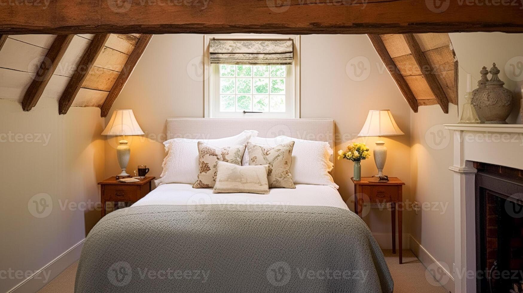 Farmhouse bedroom decor, interior design and home decor, bed with elegant bedding and bespoke furniture, English country house, holiday rental and cottage style photo