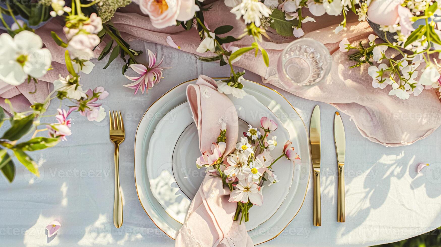 Easter tablescape decoration, floral holiday table decor for family celebration, spring flowers, Easter eggs, Easter bunny and vintage dinnerware, English country and home styling photo