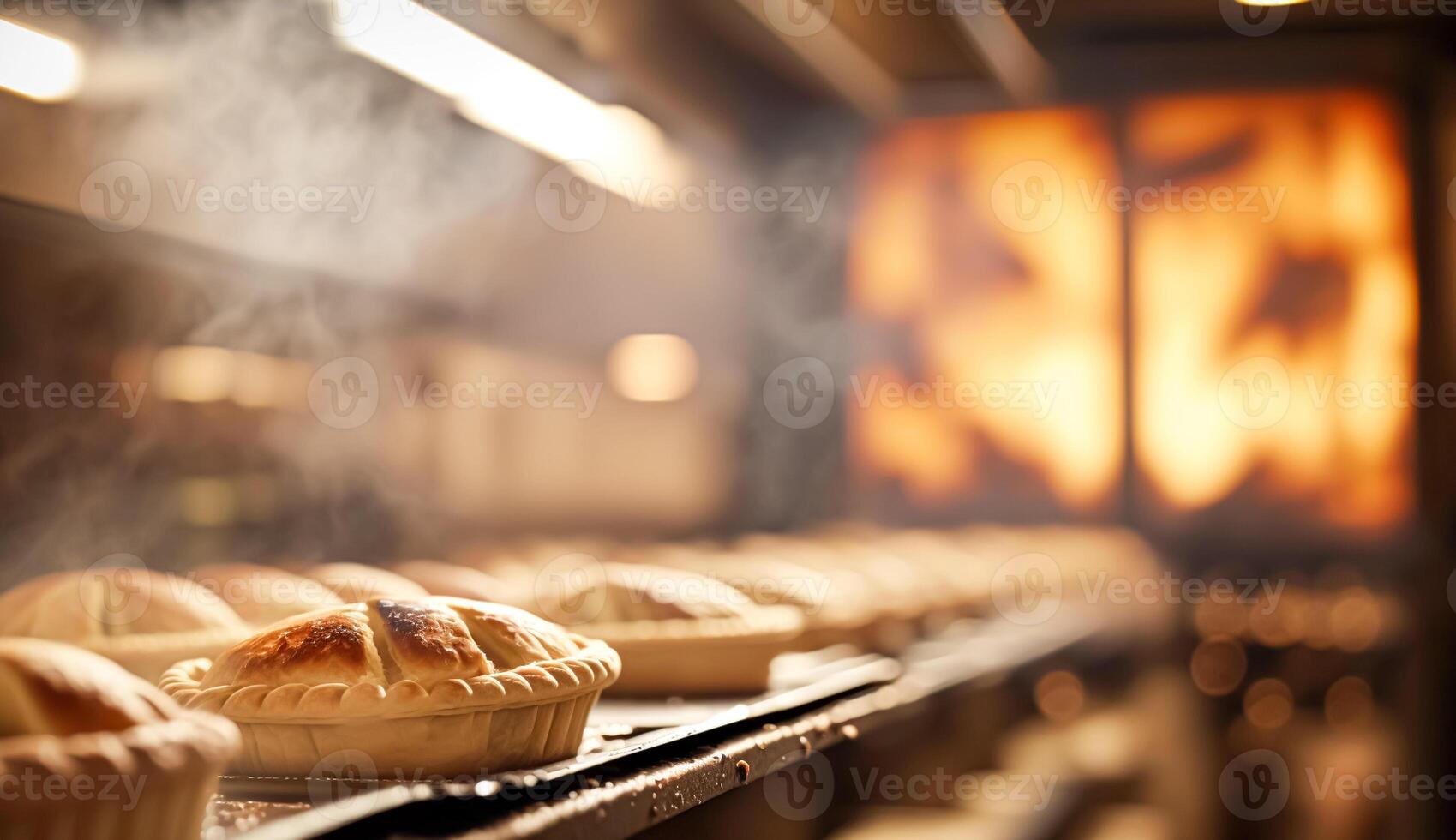 Bakery with hot fresh bread and pastry baking in the old town bakery, freshly baked products on shelves and the oven, small local business and food production photo