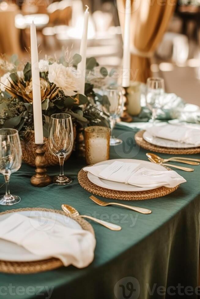 Sage green holiday tablescape, formal dinner table setting, table scape with decoration for wedding party and event celebration, photo