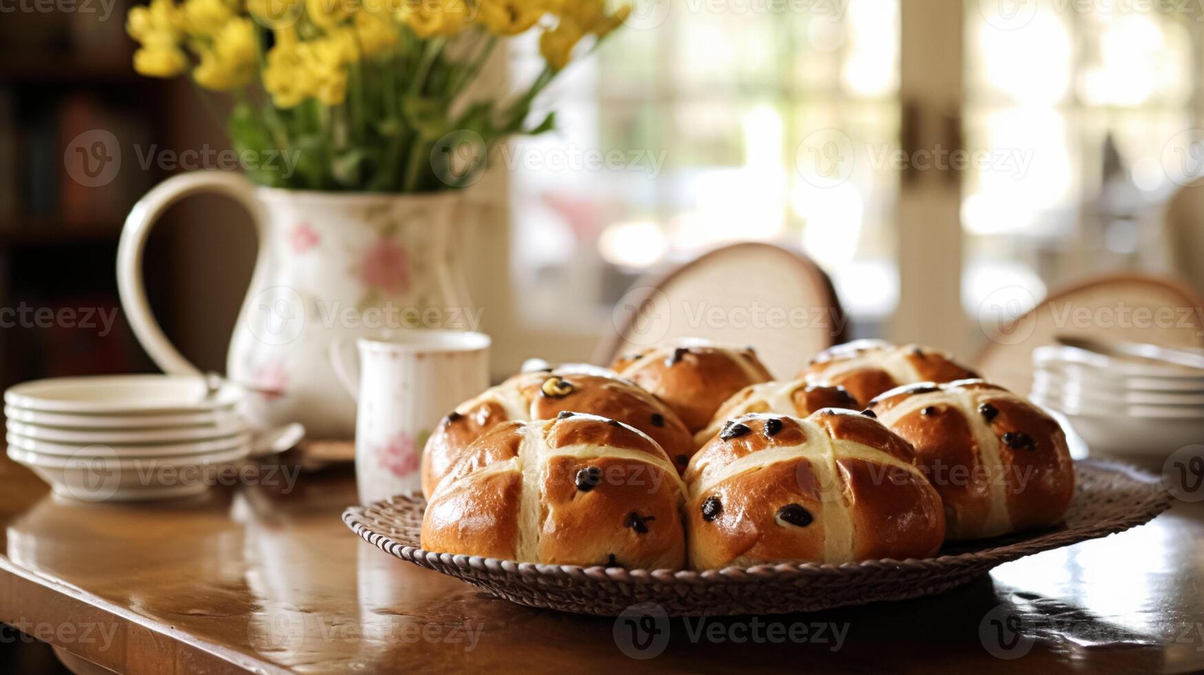 caliente cruzar bollos en Inglés país cabaña, bueno viernes, religioso fiesta y británico cocina receta foto