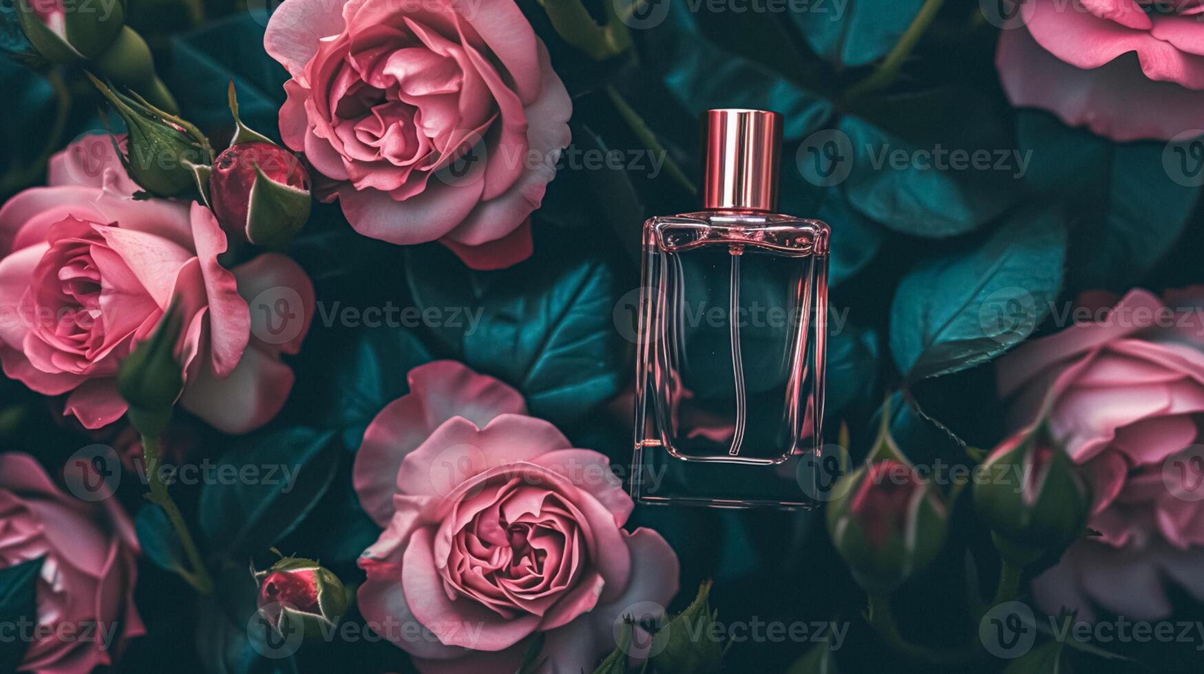 perfume botella en flores, fragancia en floreciente fondo, floral olor y cosmético producto foto