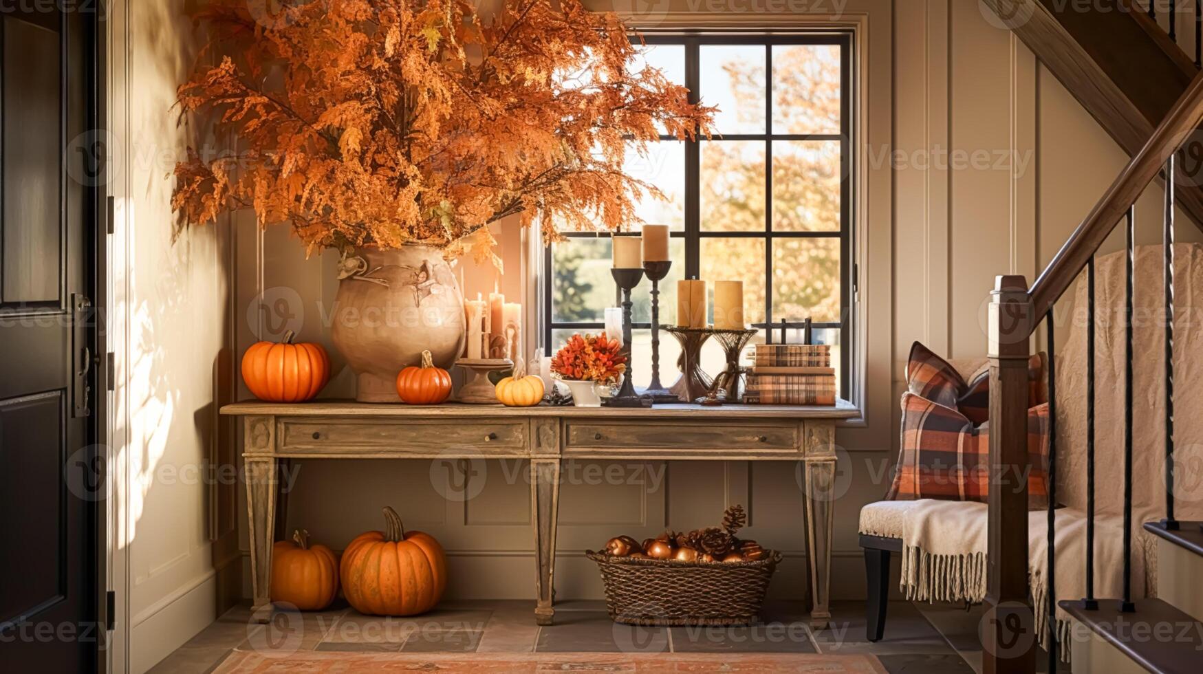 Autumnal hallway decor, interior design and house decoration, welcoming autumn entryway furniture, stairway and entrance hall home decor in an English country house and cottage style photo