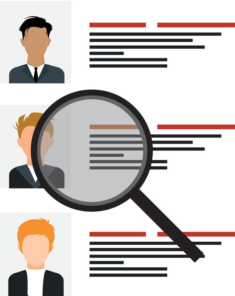 Recruitment. Human Resources Department. businessman with magnifying glass to select resume vector