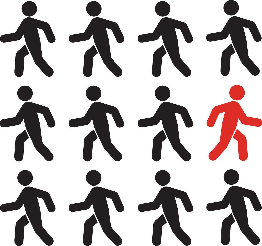 He thinks differently a red man, unique and different, who moves in the opposite way to identical black ones. Courage, confidence, success, crowd and creativity concept. vector