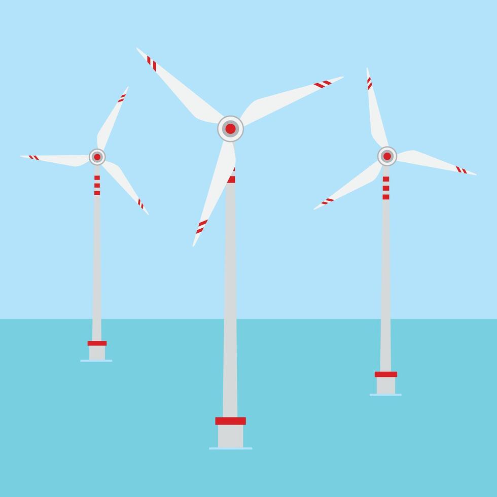 Offshore wind farm, illustration of windmill park at sea. Alternative energy vector