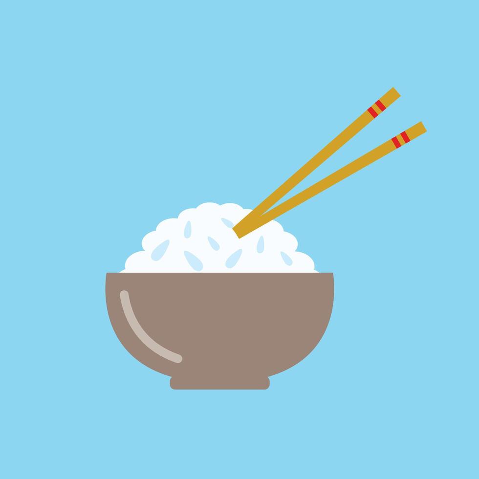 arroz cuenco con palillos en azul antecedentes ilustración. linda dibujos animados alimento. vector