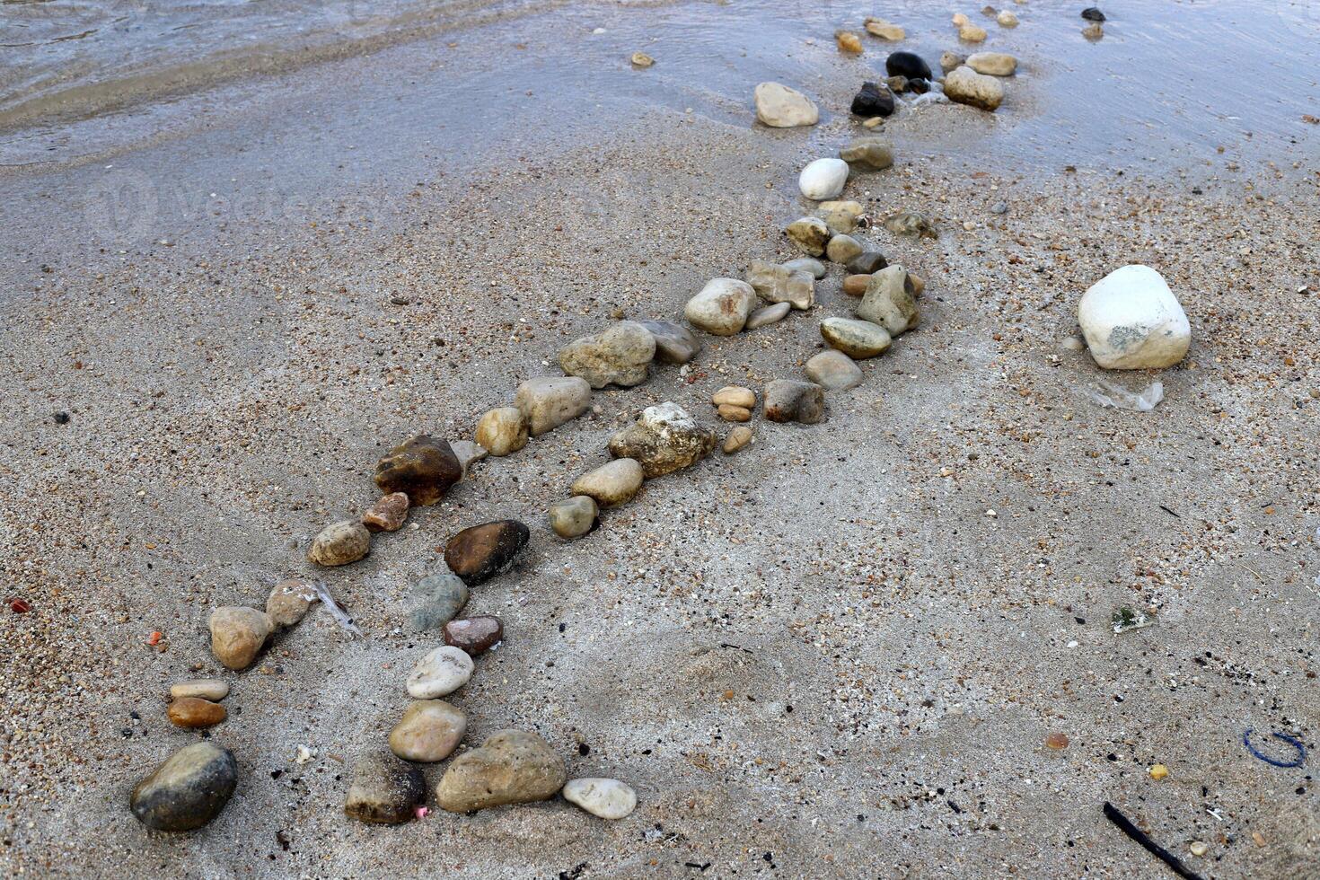 Stones and shells on the shore of the Mediterranean Sea. photo