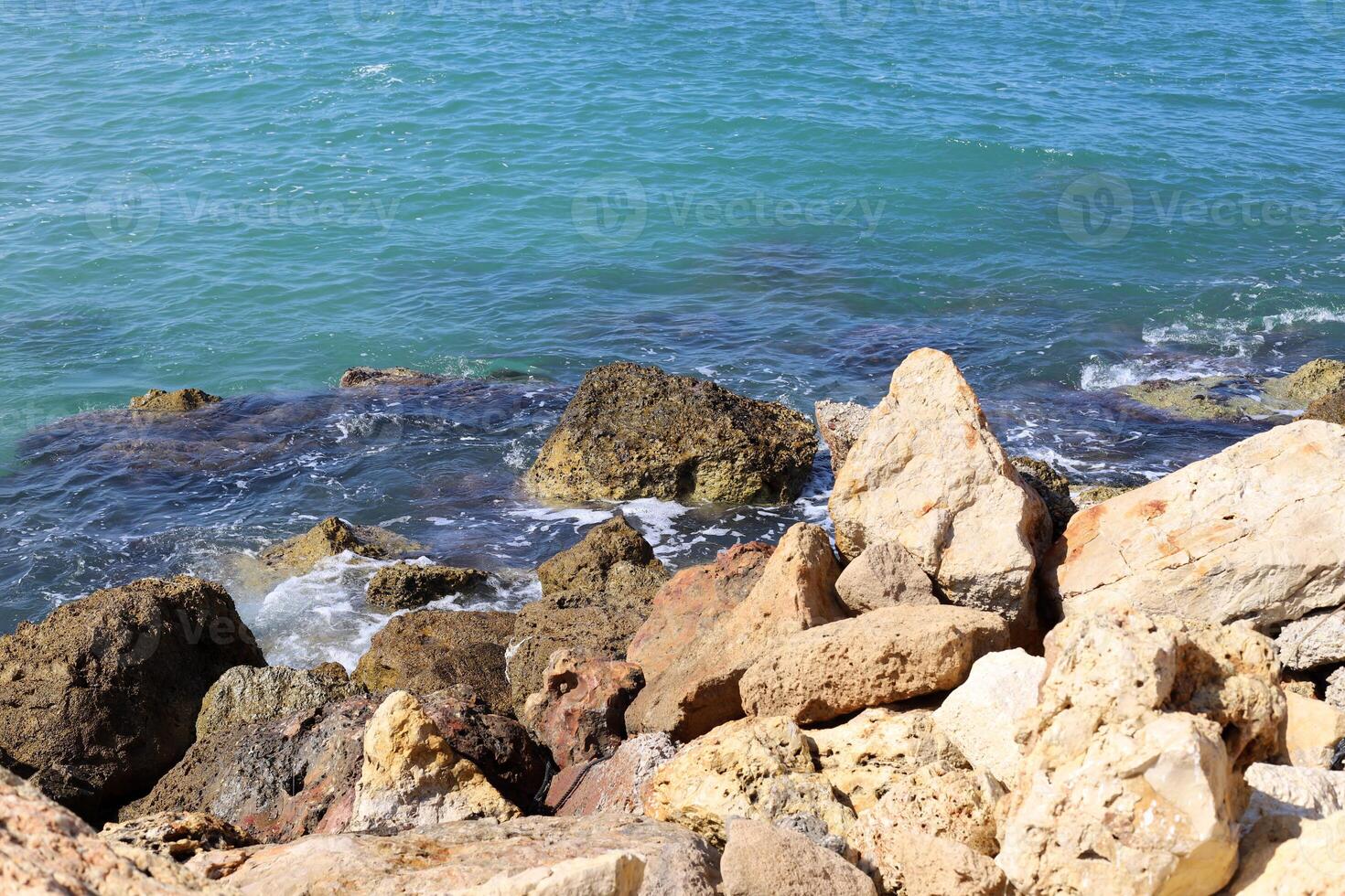 Stones and shells on the shore of the Mediterranean Sea. photo