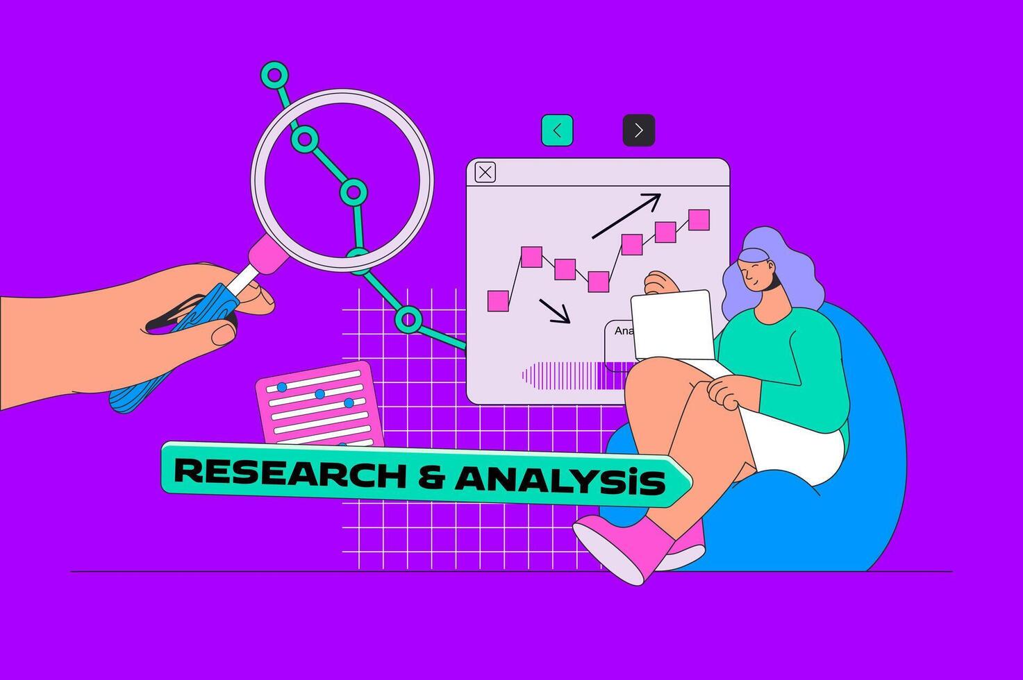Research and analysis concept in modern flat design for web. Woman doing market research and making report for project development. illustration for social media banner, marketing material. vector