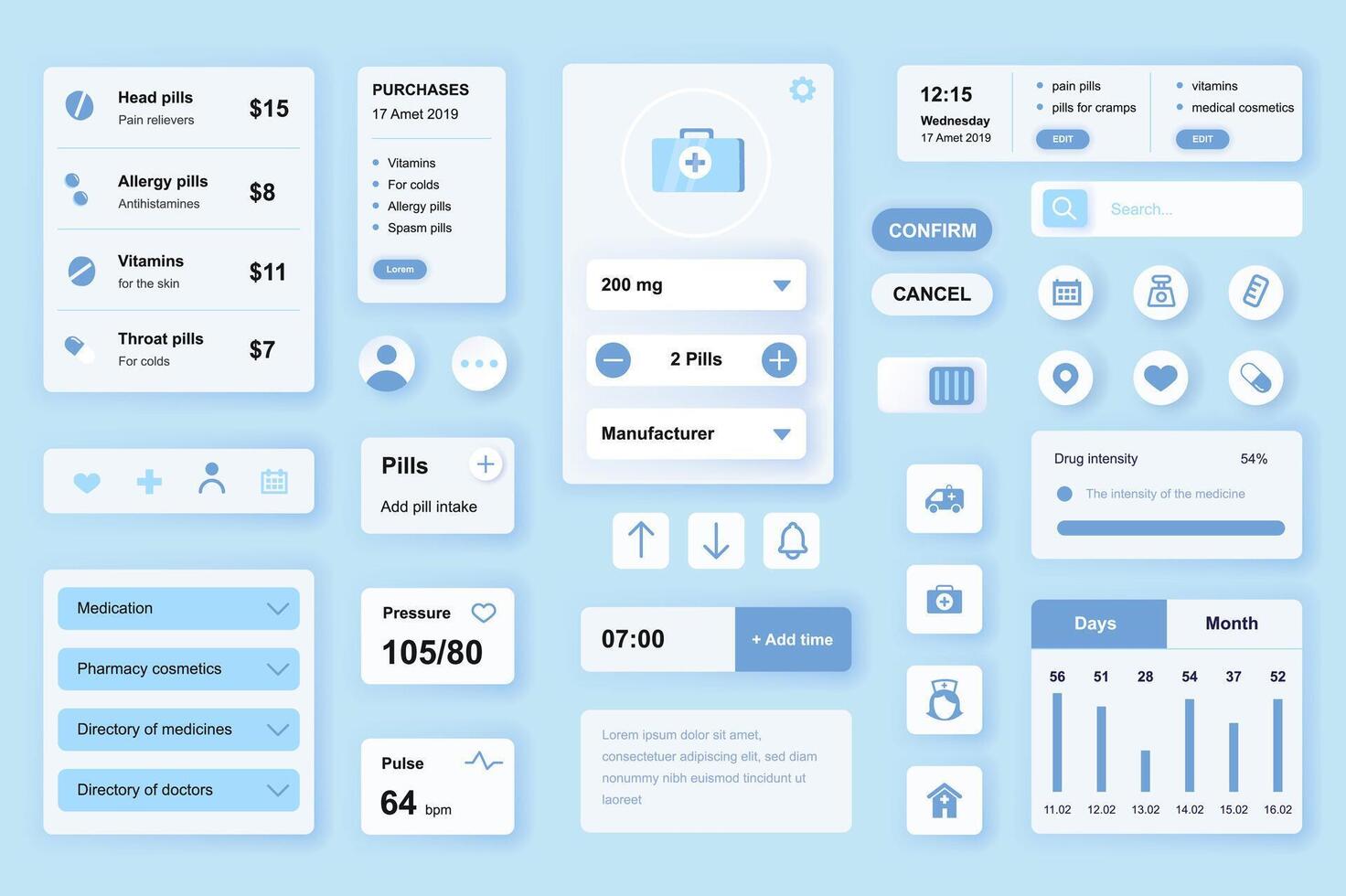 usuario interfaz elementos conjunto para médico móvil aplicación o web. equipo modelo con hud, en línea farmacia, pastillas medicamento, compra, médico consulta, estadística. paquete de ui, ux, interfaz gráfica de usuario componentes vector