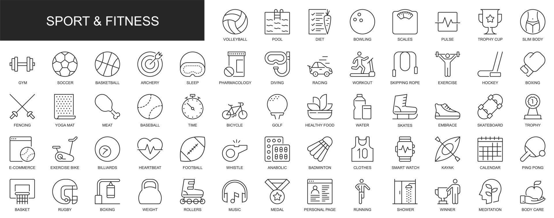 Sport and fitness web icons set in thin line design. Pack of volleyball, pool, diet, scales, pulse, gym, pharmacology, workout, exercise, boxing, other outline stroke pictograms. illustration. vector