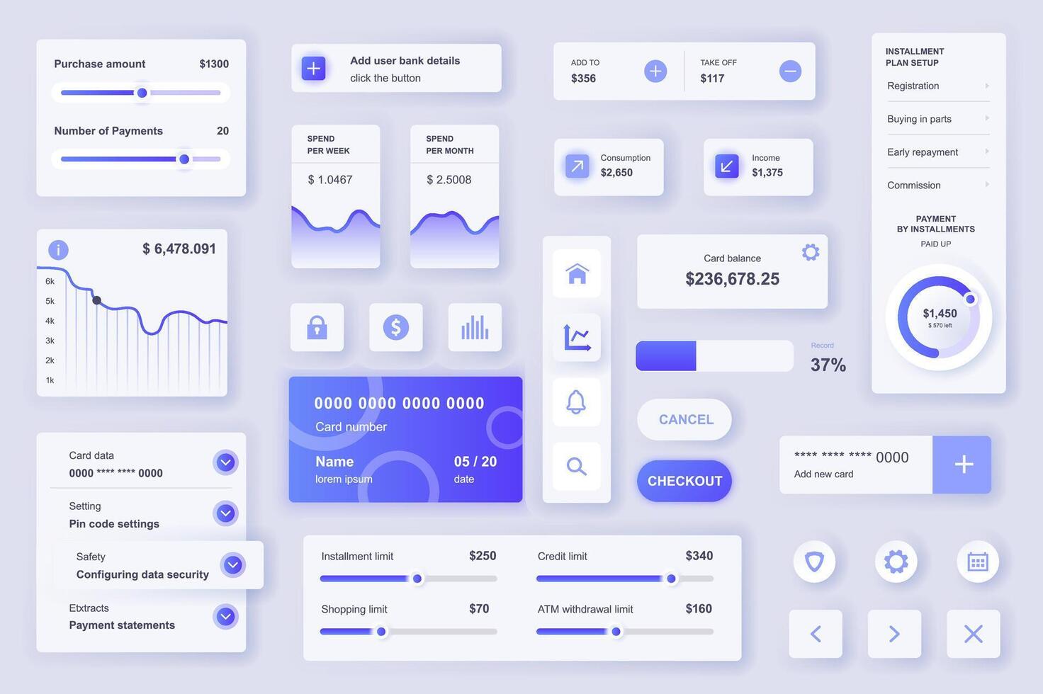 usuario interfaz elementos conjunto para bancario móvil aplicación o web. equipo modelo con hud, financiero estadística y gestión, crédito tarjeta balance, límites, pagos paquete de ui, ux, interfaz gráfica de usuario componentes vector