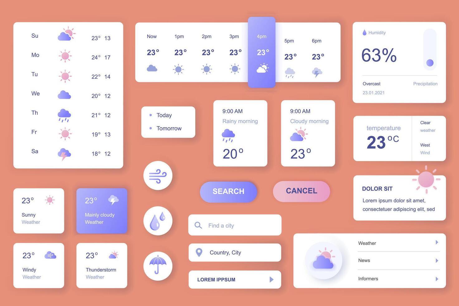 User interface elements set for Weather mobile app or web. Kit template with HUD, forecast today and tomorrow, humidity, temperature, meteorology information. Pack of UI, UX, GUI. components. vector
