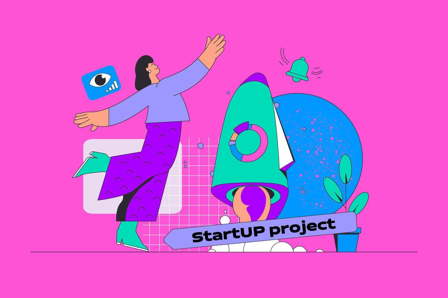 Startup project concept in modern flat design for web. Woman entrepreneur creating and launching new business, investing in company. illustration for social media banner, marketing material. vector
