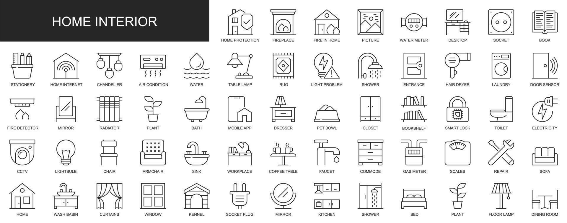 Home interior web icons set in thin line design. Pack of desktop, book, stationery, chandelier, lamp, shower, laundry, door, dresser, electricity, other outline stroke pictograms. illustration. vector