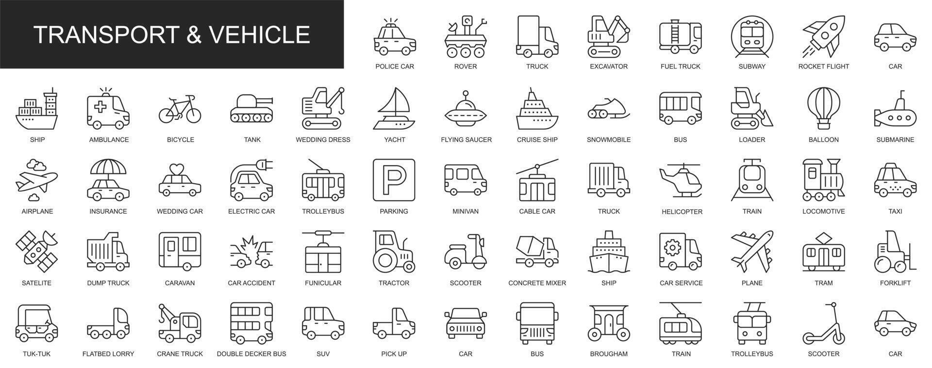 transporte y vehículo web íconos conjunto en Delgado línea diseño. paquete de auto, vagabundo, camión, excavador, subterraneo, cohete, Taxi, barco, bicicleta, tanque, yate, otro contorno carrera pictogramas. ilustración. vector