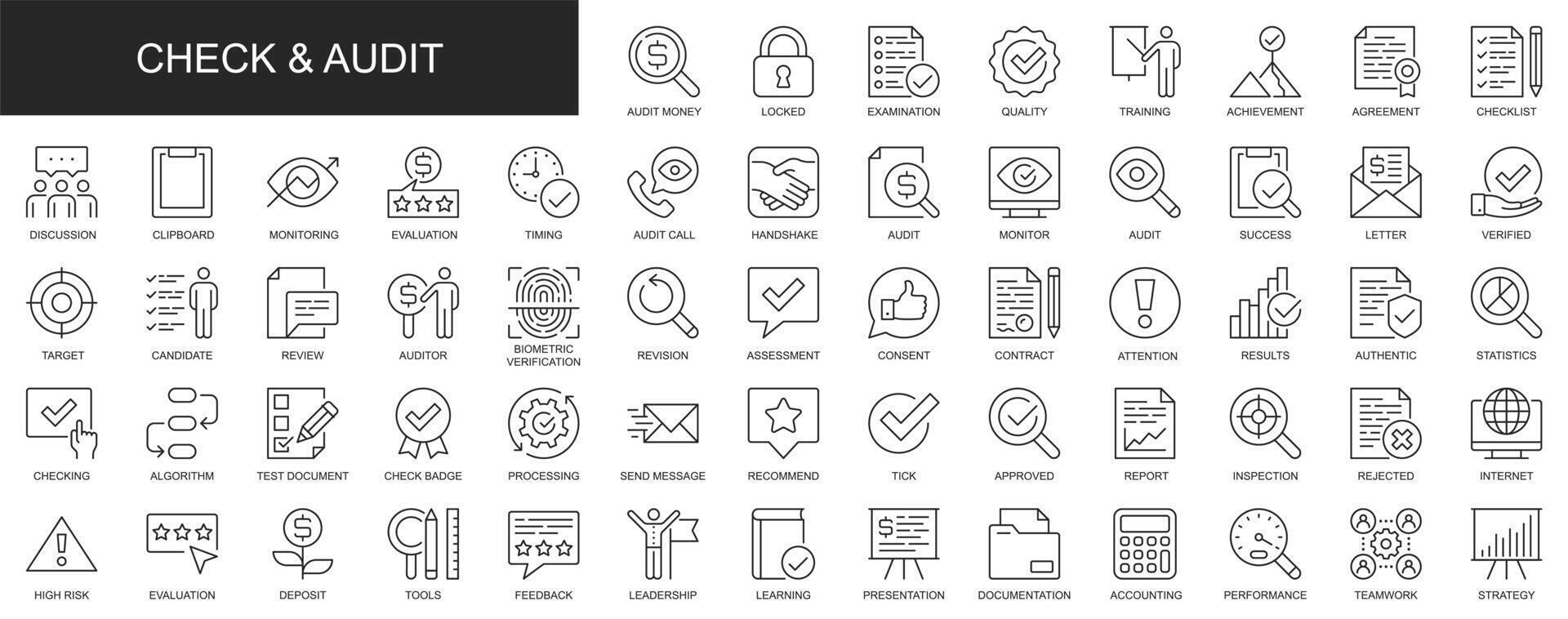 Check and audit web icons set in thin line design. Pack of money examination, quality, result, discussion, monitoring, evaluation, review, target, other outline stroke pictograms. illustration. vector