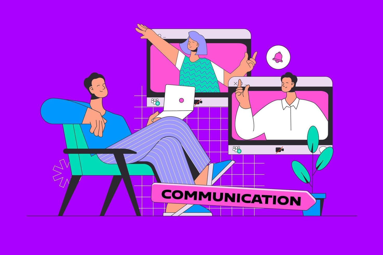 communication concept in modern flat design for web. Man calling online to friends or colleagues, talking at group chat. illustration for social media banner, marketing material. vector