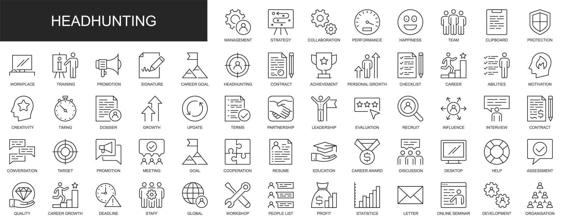 Head hunting web icons set in thin line design. Pack of recruitment, business strategy, management, team training, workplace, interview, deadline, other outline stroke pictograms. illustration. vector