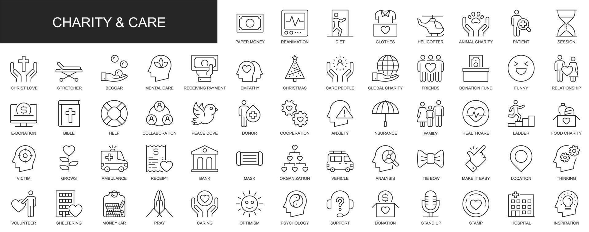Charity and care web icons set in thin line design. Pack of donation, healthcare, money, clothes, helicopter, organization, volunteer, shelter, other outline stroke pictograms. illustration. vector