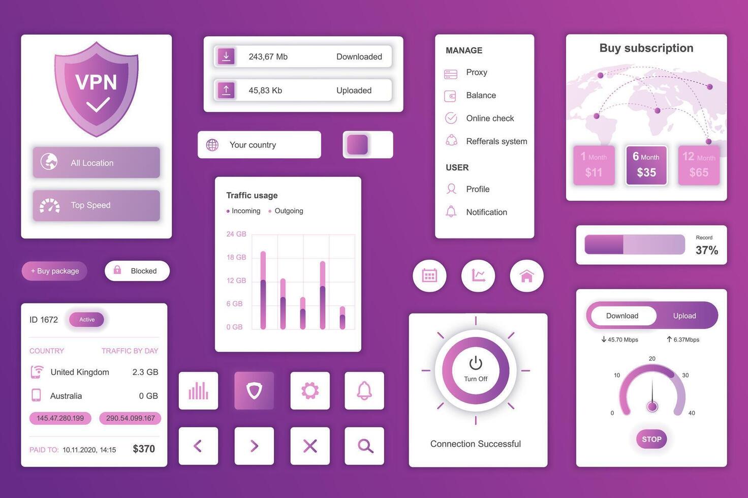 usuario interfaz elementos conjunto para vpn Servicio móvil aplicación o web. equipo modelo con hud, descargar, subir, ubicaciones, velocidad, comprar suscripción, en línea seguridad. paquete de ui, ux, interfaz gráfica de usuario componentes vector