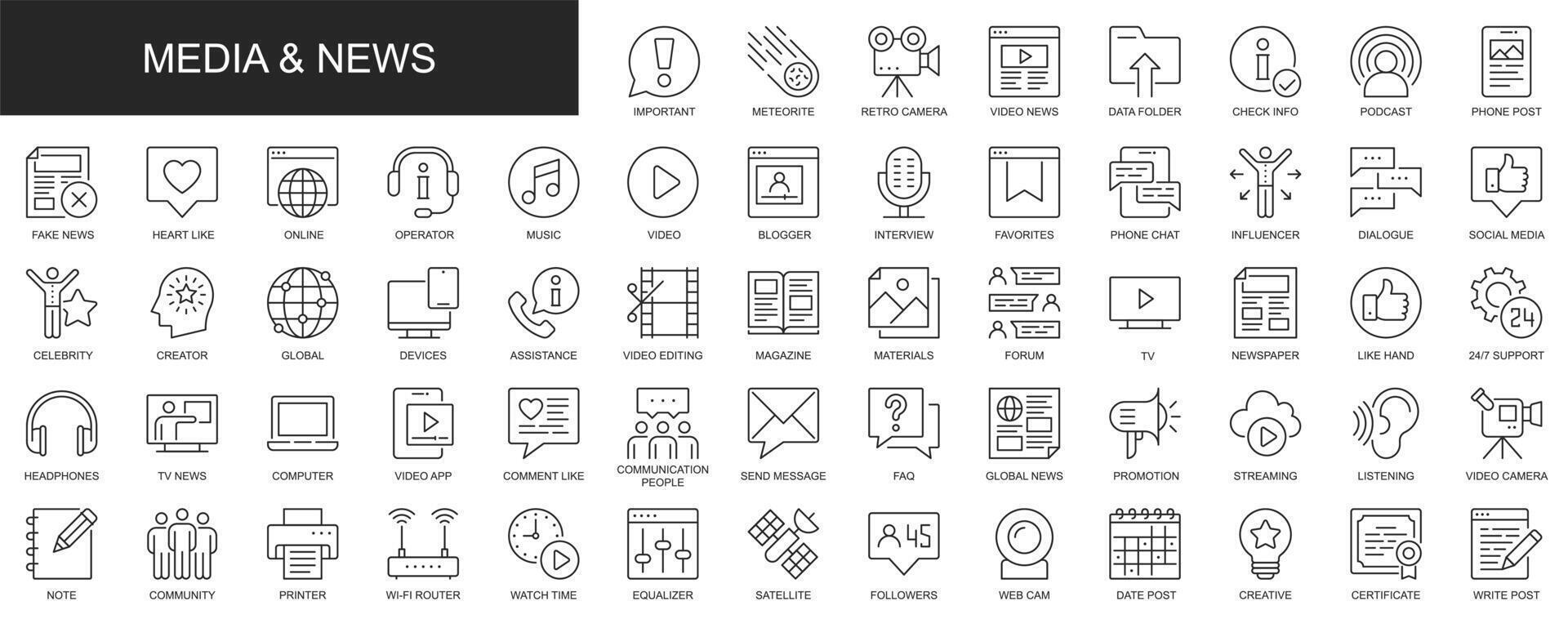 Media and news web icons set in thin line design. Pack of phone post, likes, blogger, interview, , favorite, influence, dialogue, influence, other outline stroke pictograms. illustration. vector