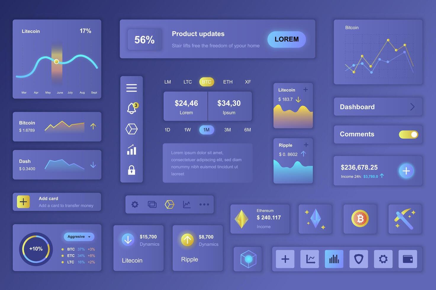 usuario interfaz elementos conjunto para criptomoneda móvil aplicación o web. equipo modelo con hud, Finanzas Estadísticas, comercio datos, bitcoin grafico, moneda intercambio. paquete de ui, ux, interfaz gráfica de usuario componentes vector