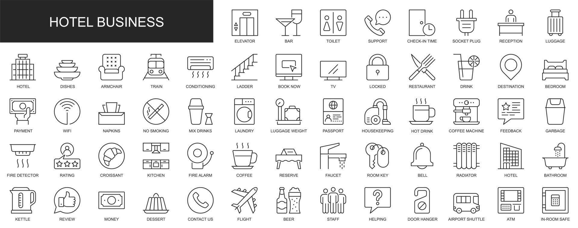 Hotel business web icons set in thin line design. Pack of elevator, bar, toilet, reception, luggage, restaurant, kitchen, bedroom, reserve, room, other outline stroke pictograms. illustration. vector
