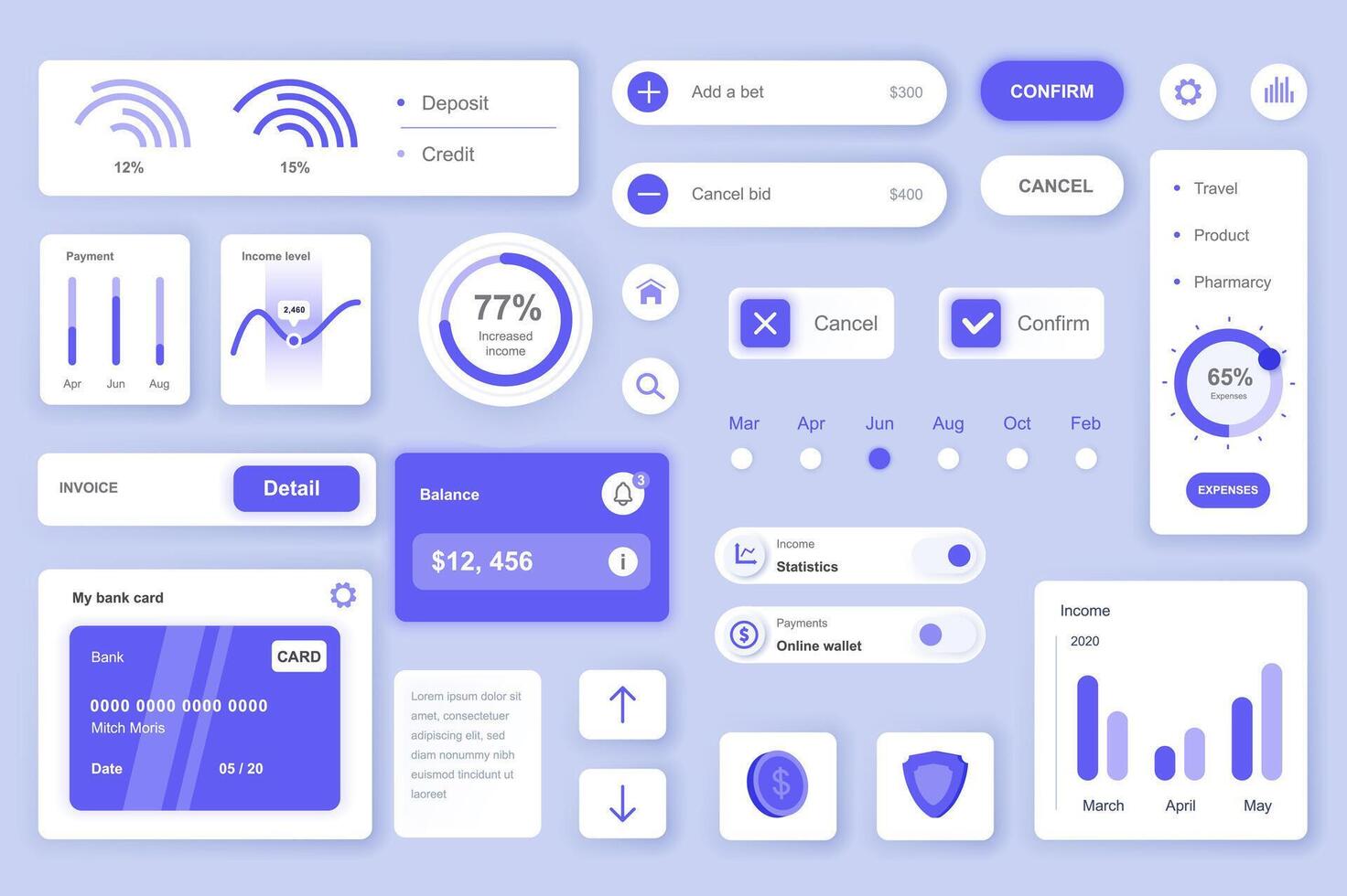 usuario interfaz elementos conjunto para bancario móvil aplicación o web. equipo modelo con hud, financiero gestión, depositar y crédito, cuenta balance, factura, pagos paquete de ui, ux, interfaz gráfica de usuario componentes vector