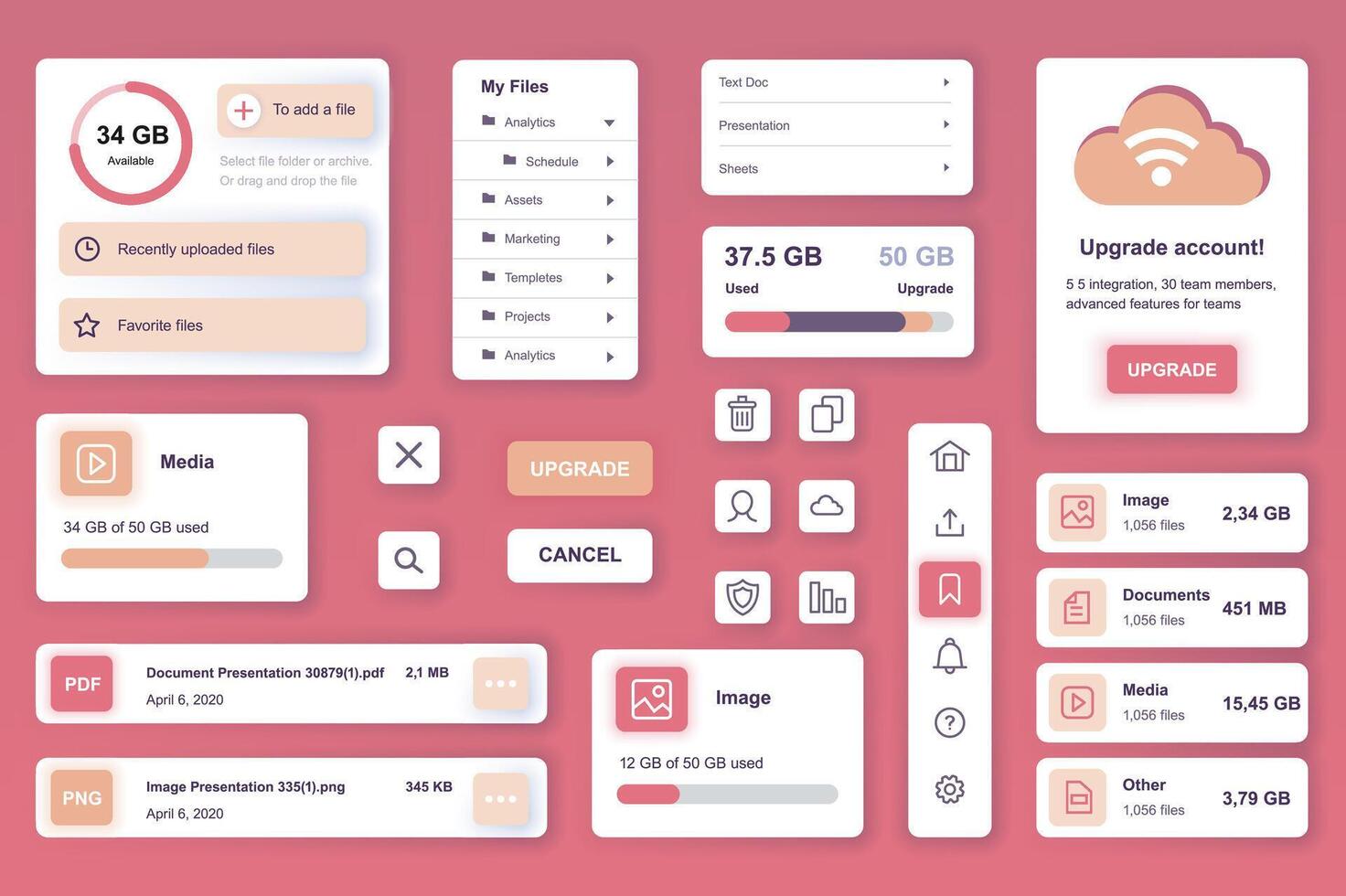 User interface elements set for Cloud storage mobile app or web. Kit template with HUD, file management, online security system, account upgrade, hosting data. Pack of UI, UX, GUI. components. vector