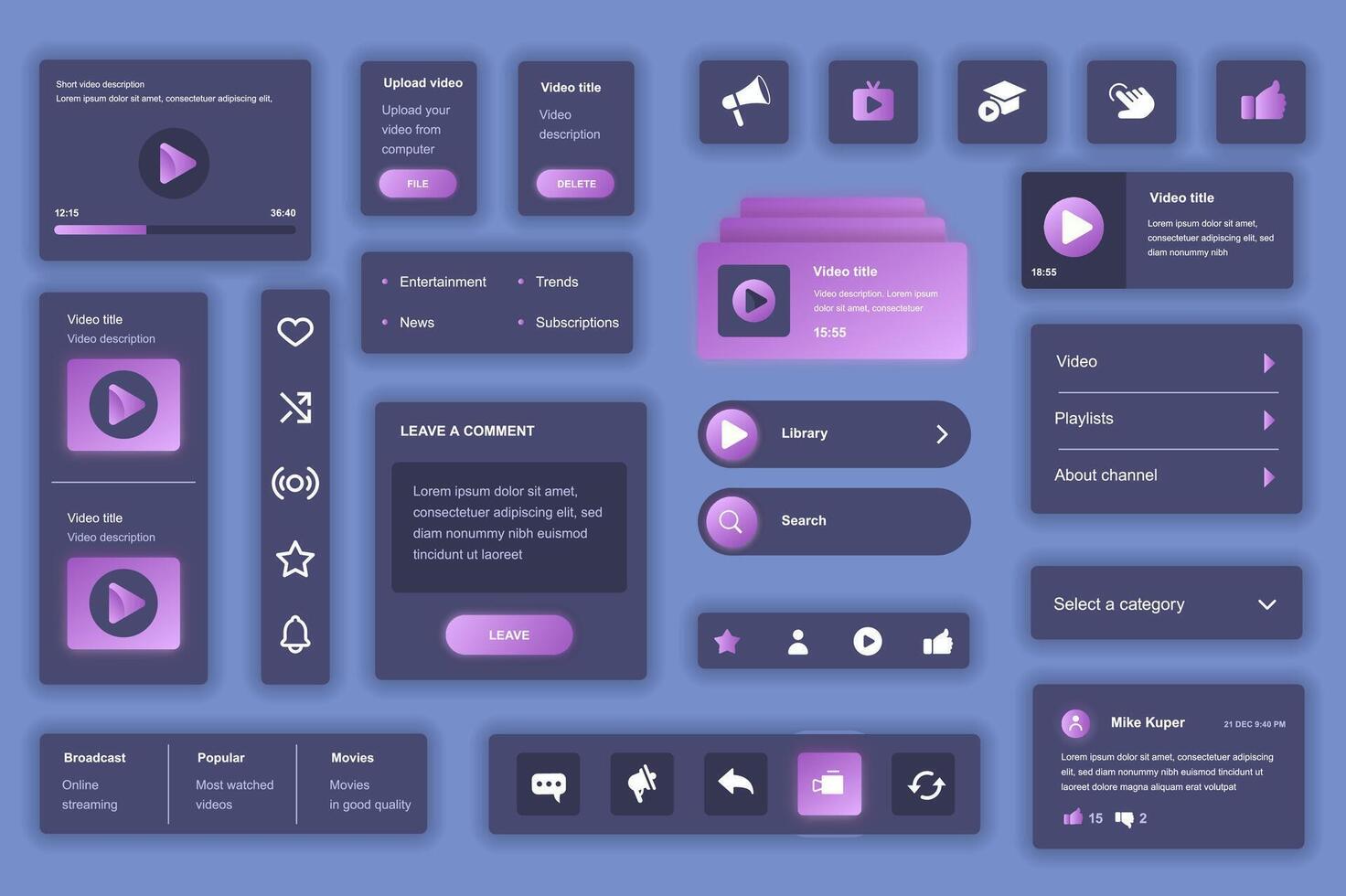 User interface elements set for tube mobile app or web. Kit template with HUD, player navigation, playlist, content trends, broadcast, streaming platform. Pack of UI, UX, GUI. components. vector