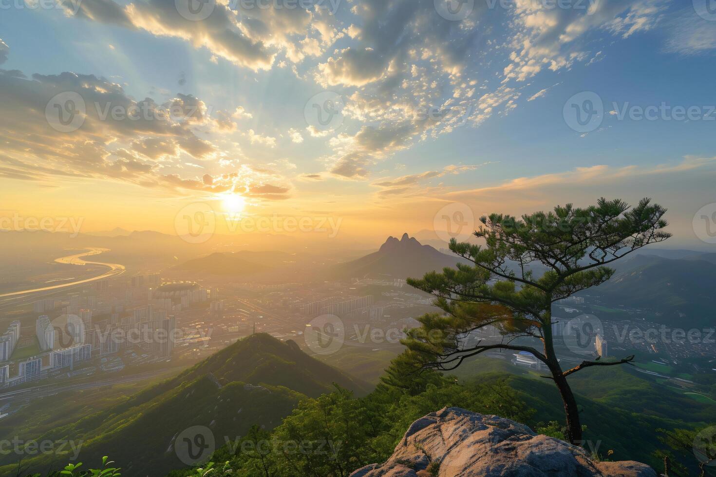 Photo sunrise of bukhansan mountain in seoul city scape