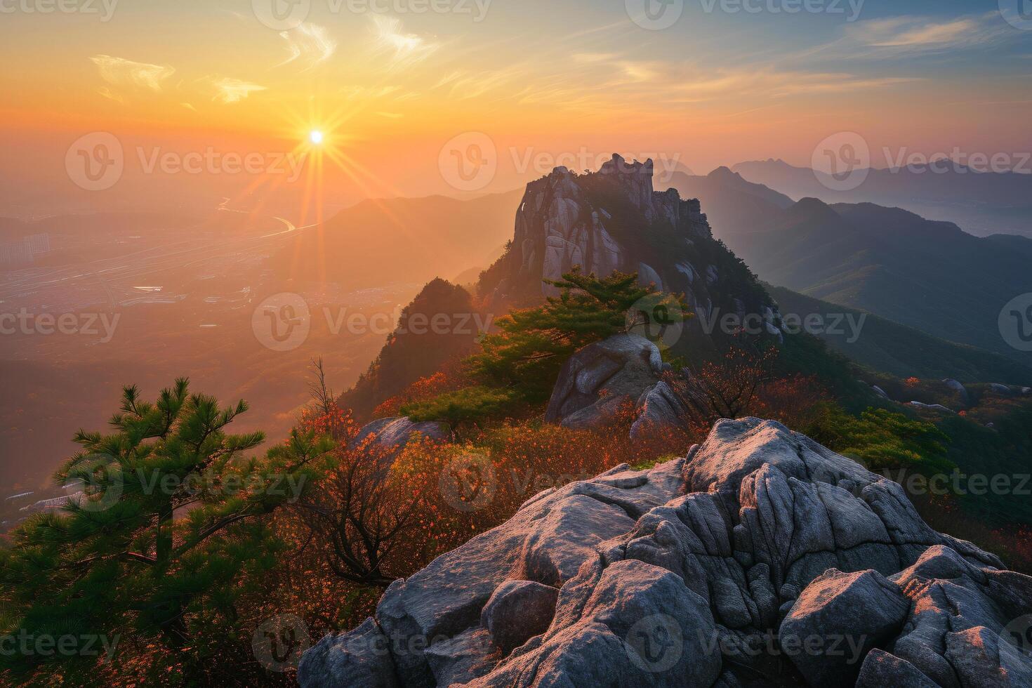 foto amanecer de bukhansan montaña en Seúl ciudad bohordo