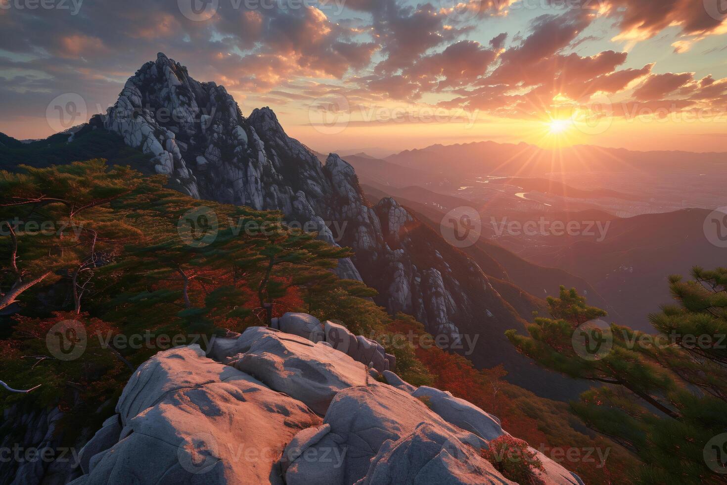 Photo sunrise of bukhansan mountain in seoul city scape