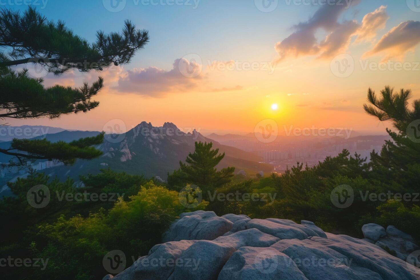 Photo sunrise of bukhansan mountain in seoul city scape